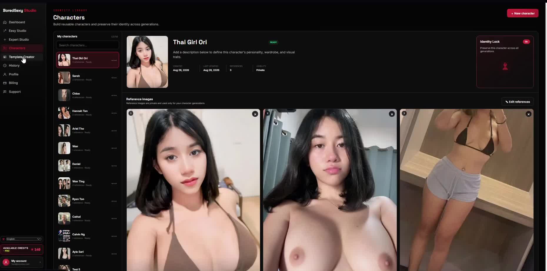 Characters browse grid and detail panel