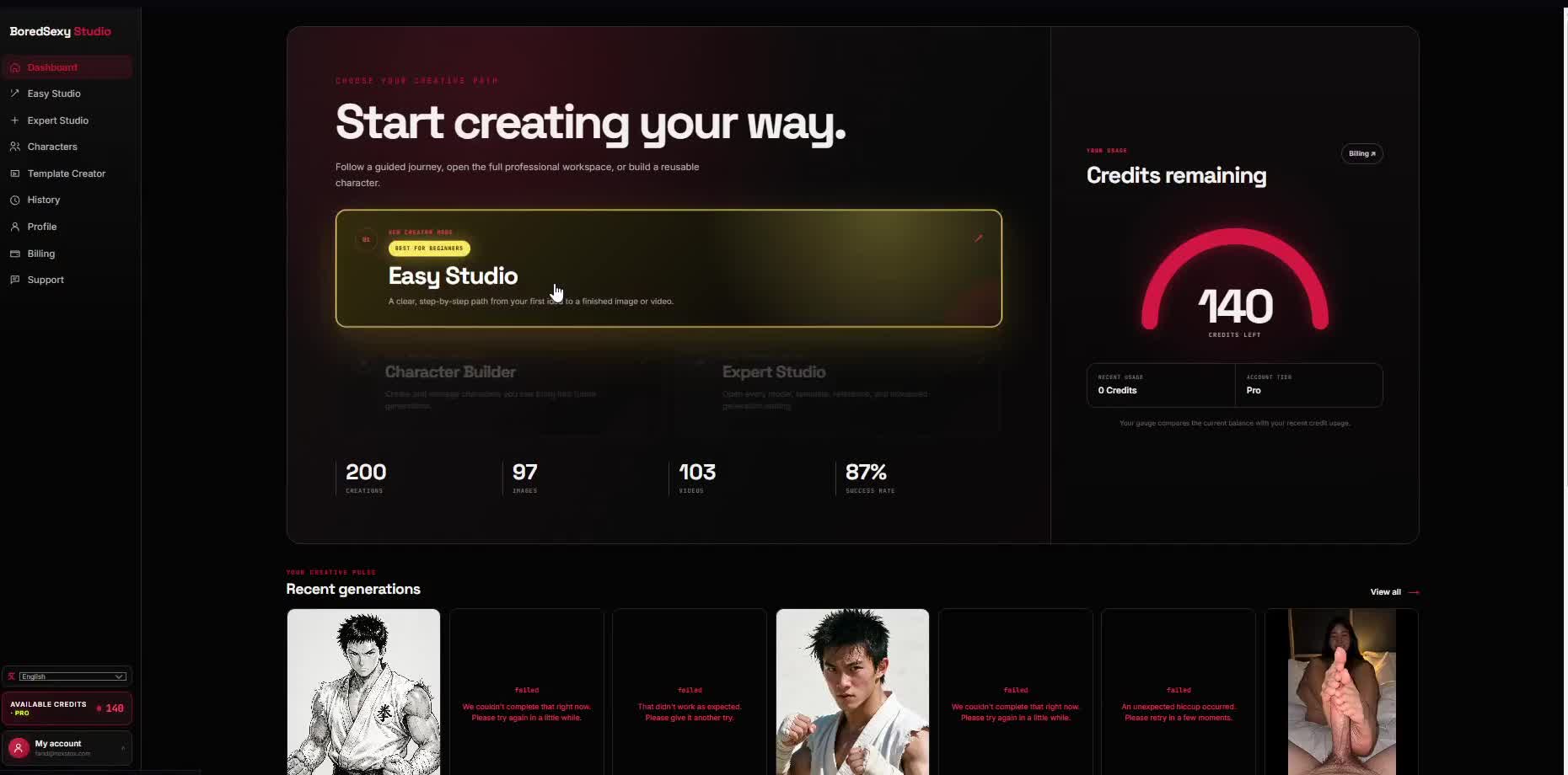 Dashboard with Easy Studio, Character Builder, Expert Studio