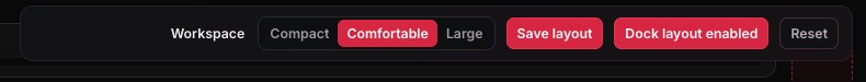 Workspace bar in dock layout mode with Save layout, Dock layout enabled, and Reset