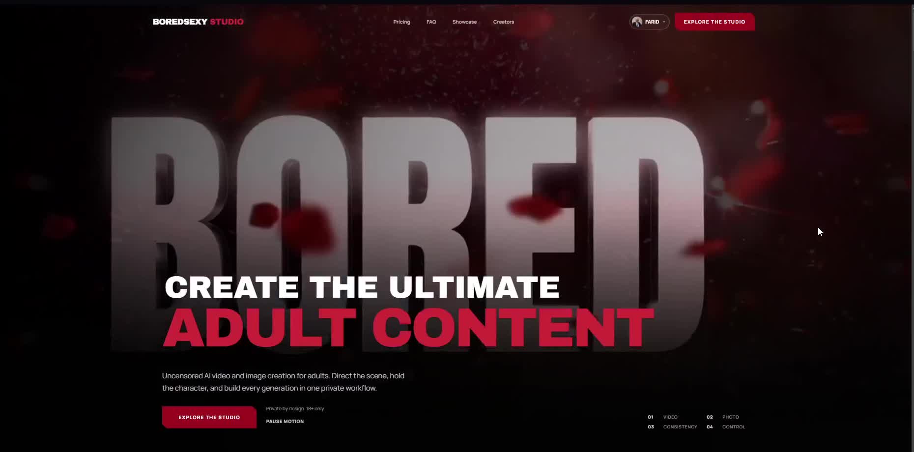 Landing screen with Explore the studio
